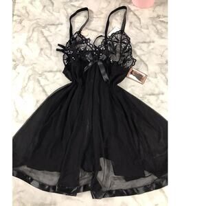 NEW 2 PC Spree Intimates Black Sheer Floral Embroidered Babydoll Lingerie SZ1X